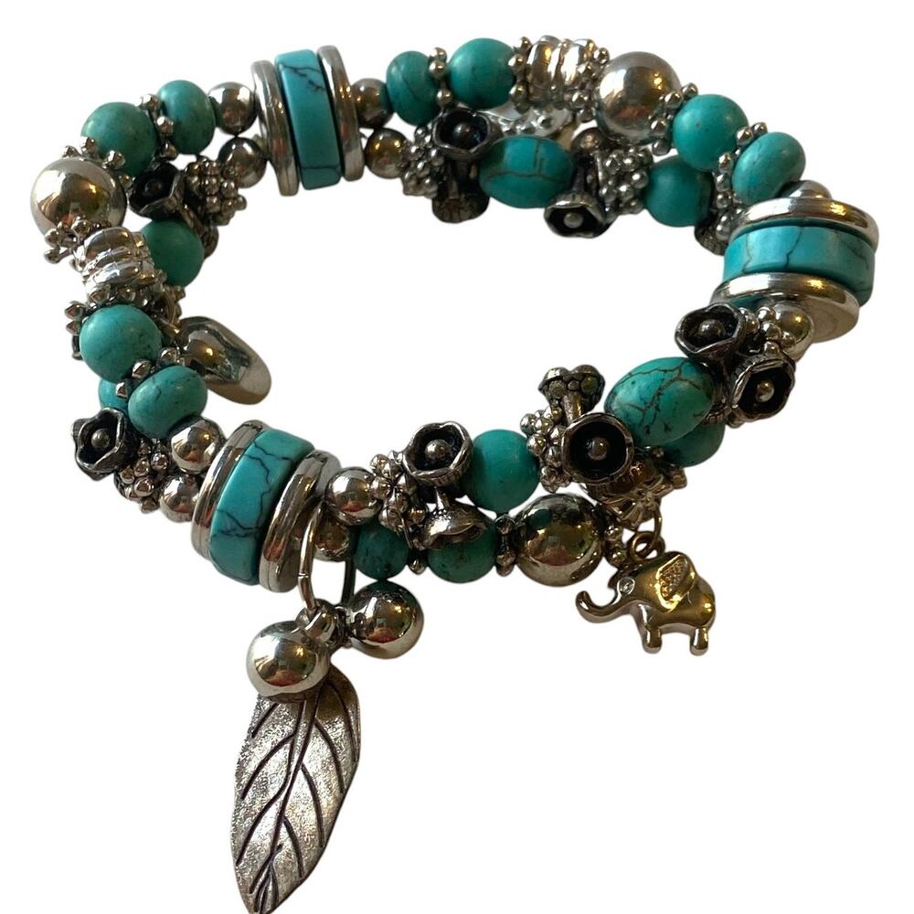 Faux Turquoise Costume Bracelet Charm Beaded Detail Double Strand Silver Tone
